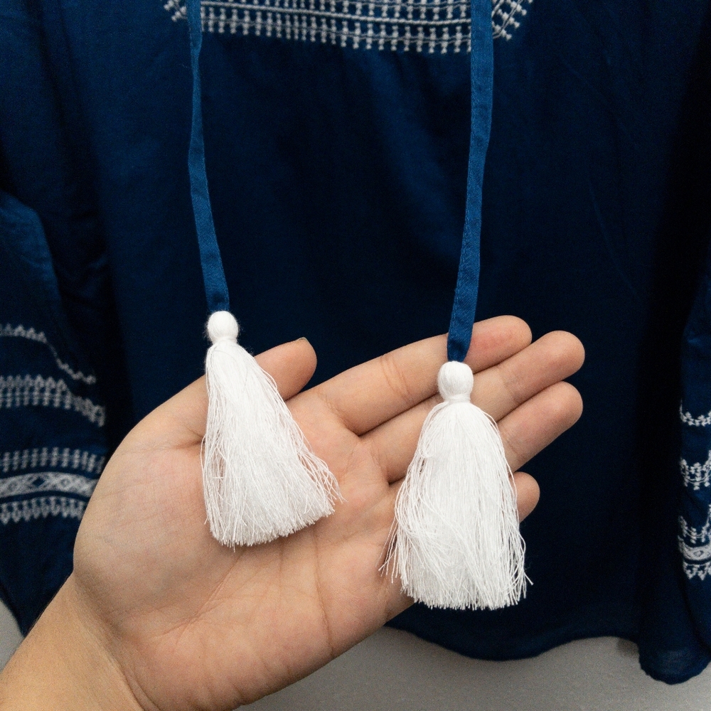 Style and Co. Royal blue embroidered peasant style blouse with tassels. NWT - Picture 4 of 5